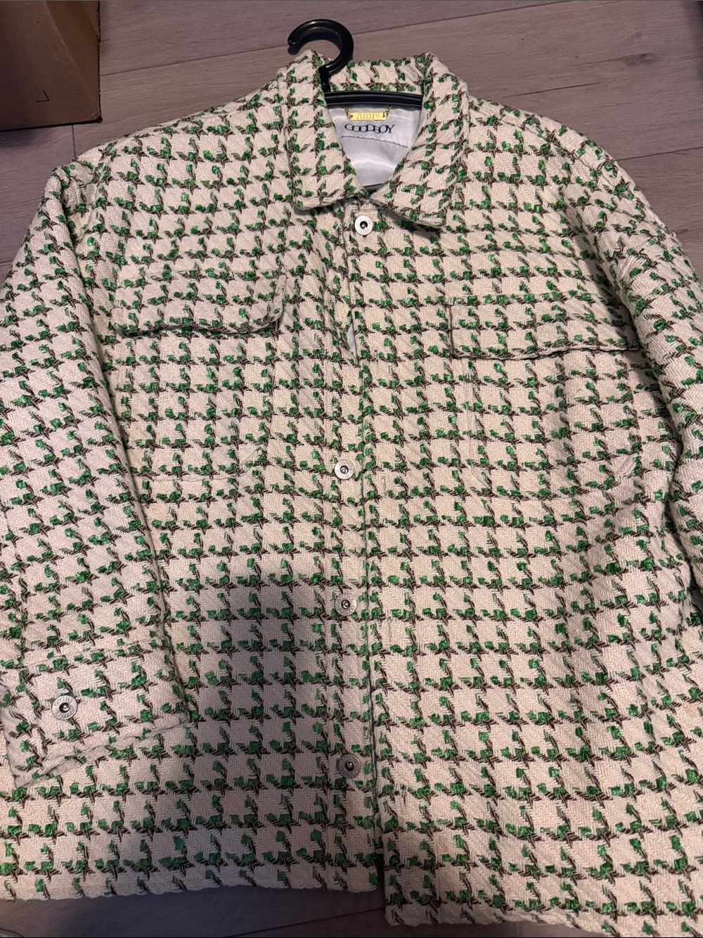Men's Cream & Green Tweed Button-Down Shirt Jacket